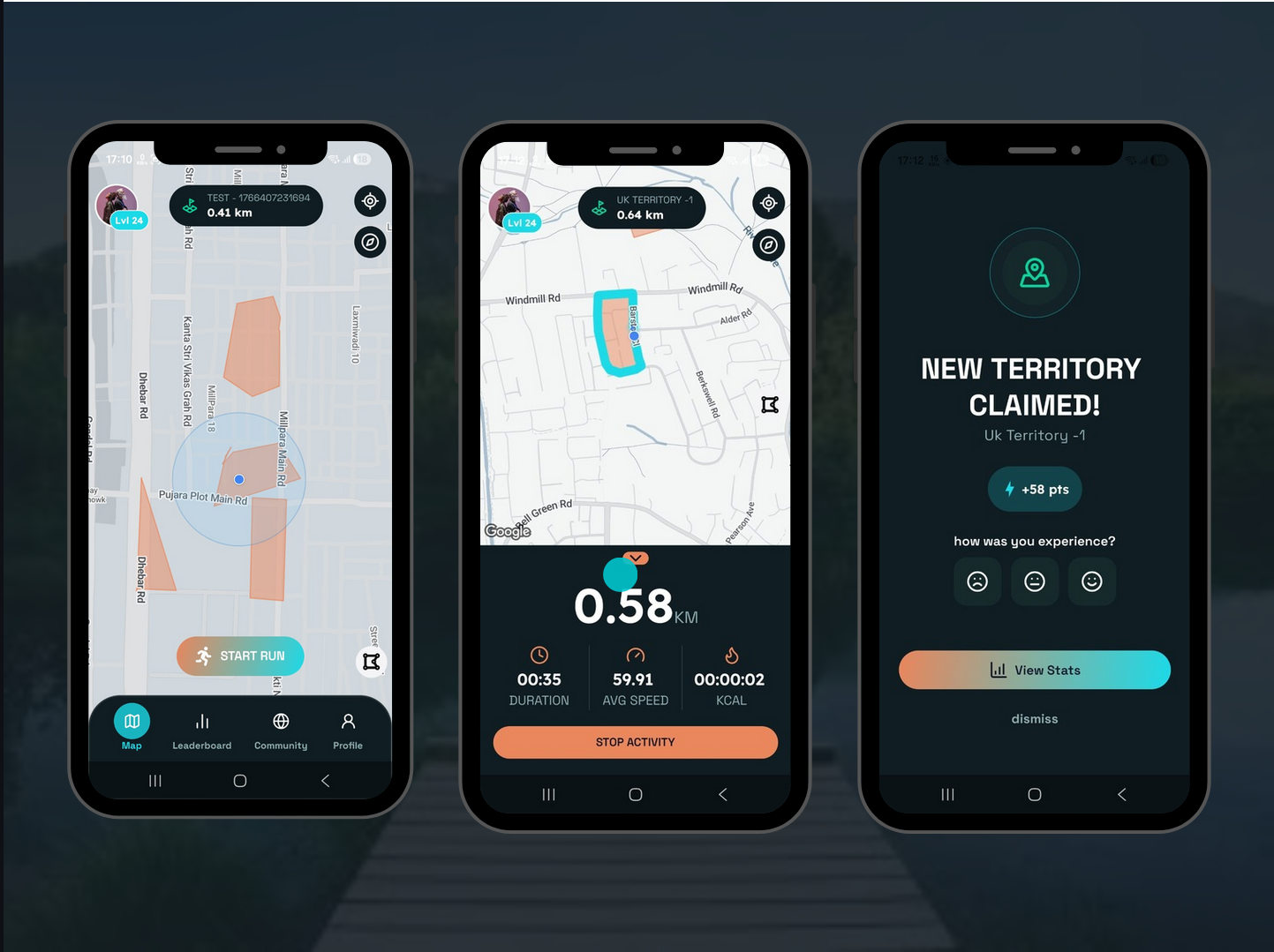 Interactive map showing territories and user location and territory points.
