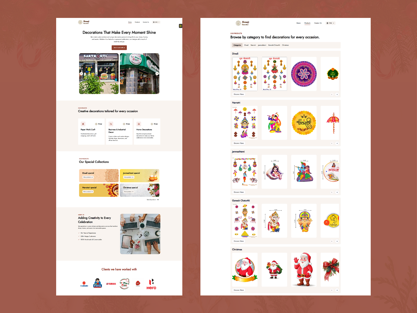 Homepage and product category overview.