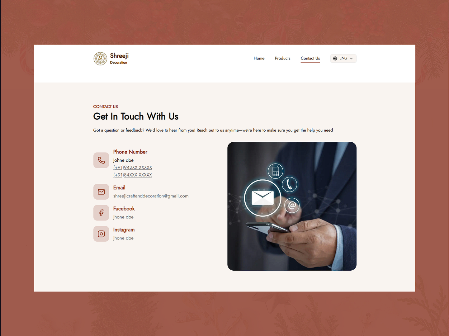 Contact page with business details.