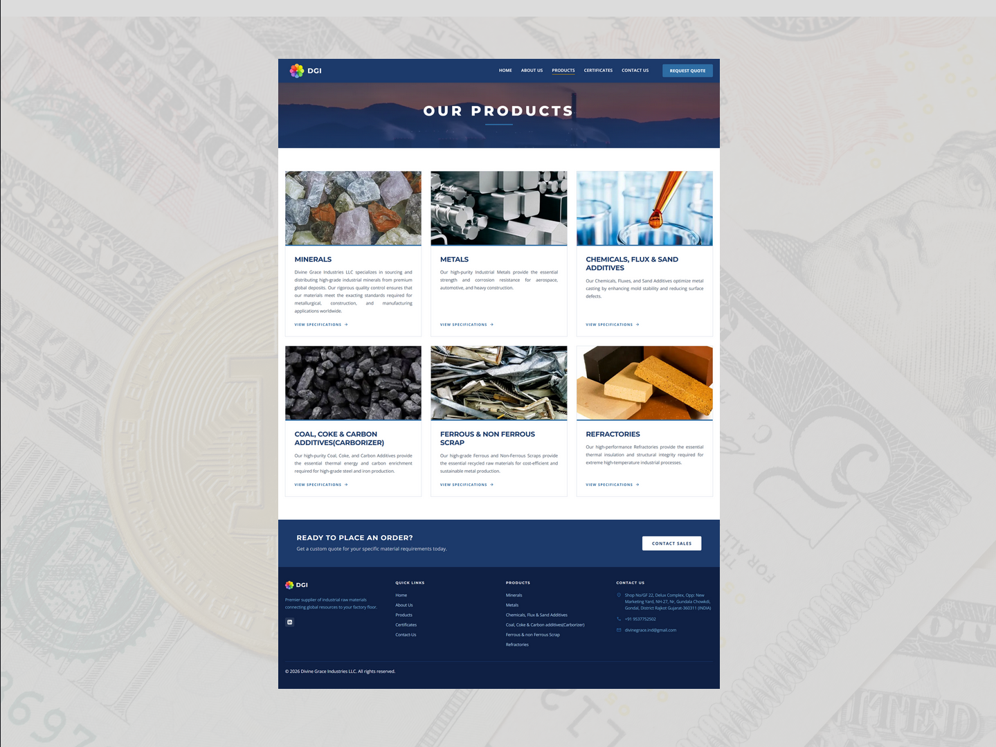 Products listing page with all industrial raw material categories
