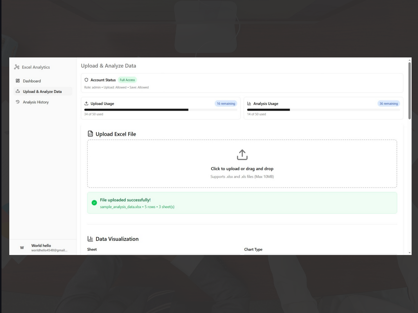 Upload and analyze interface with drag-and-drop Excel file support