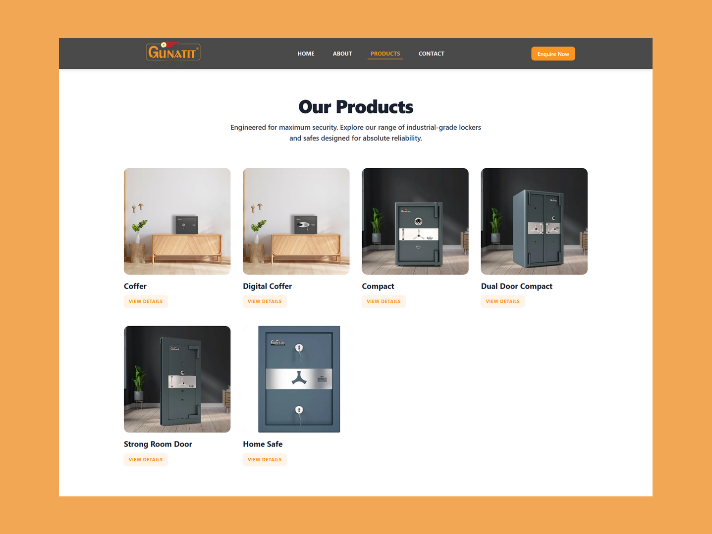 Products listing page displaying all safe and locker variants