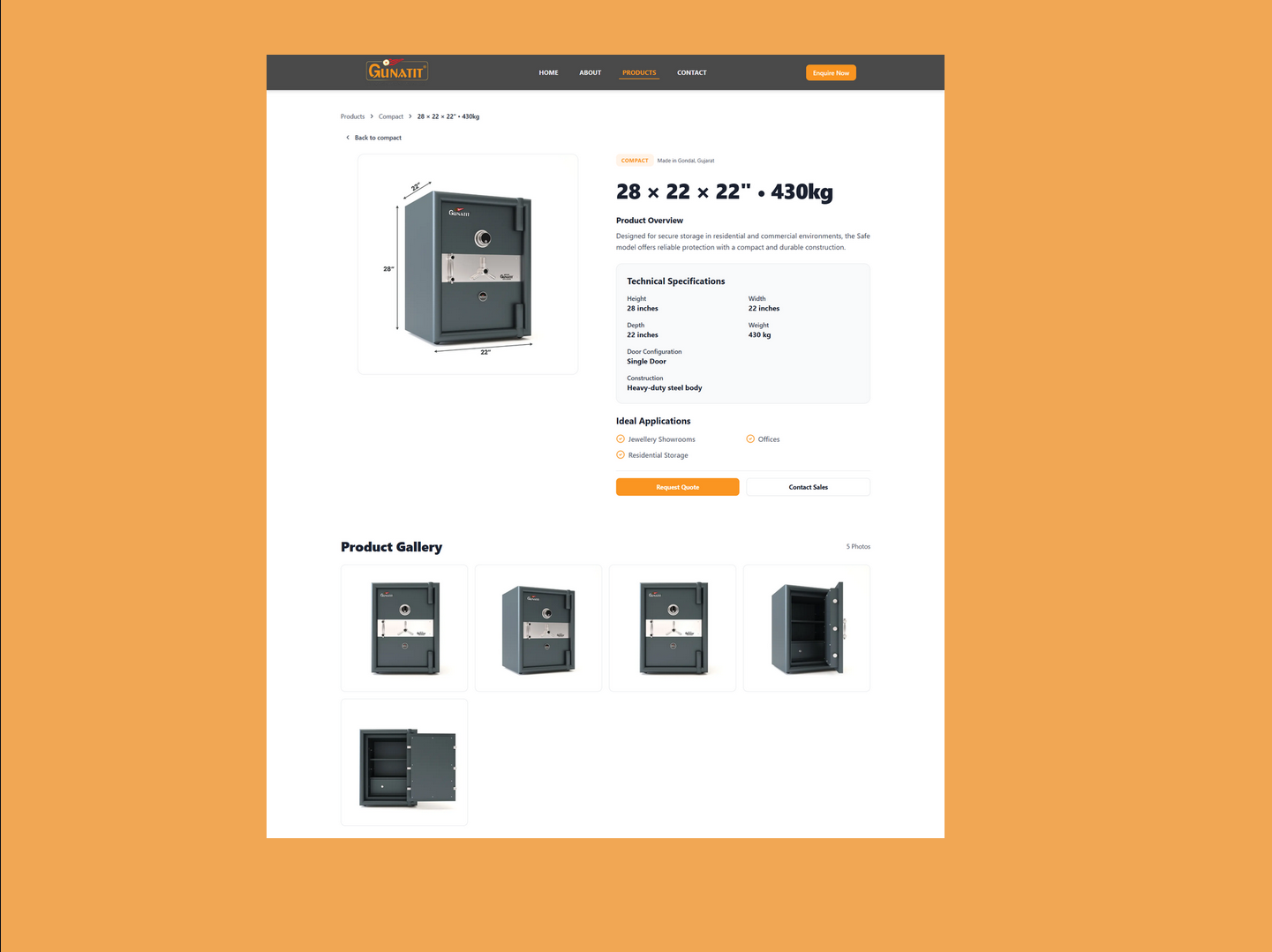 Individual product detail page with specifications and enquiry CTA