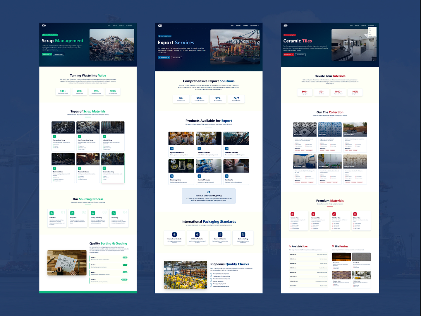 Business vertical pages - Scrap, Export, and Tiles.