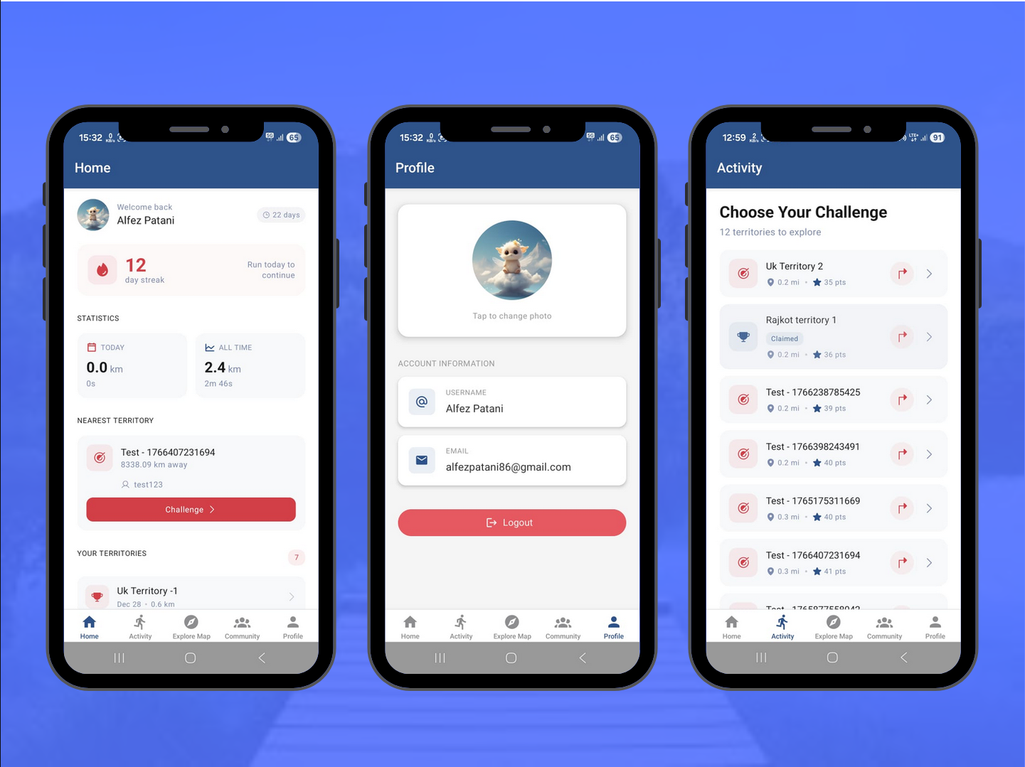User profile and Activity showing claimed territories, total points, and achievements