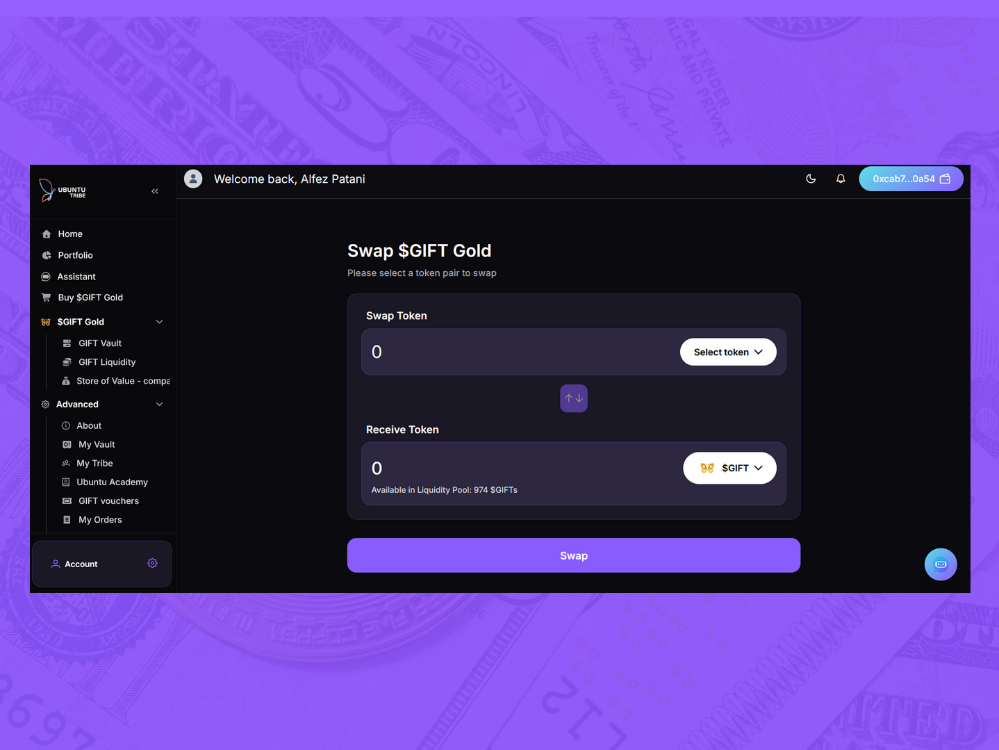 Buy GIFT Gold interface showing fractional purchase options from 1mg