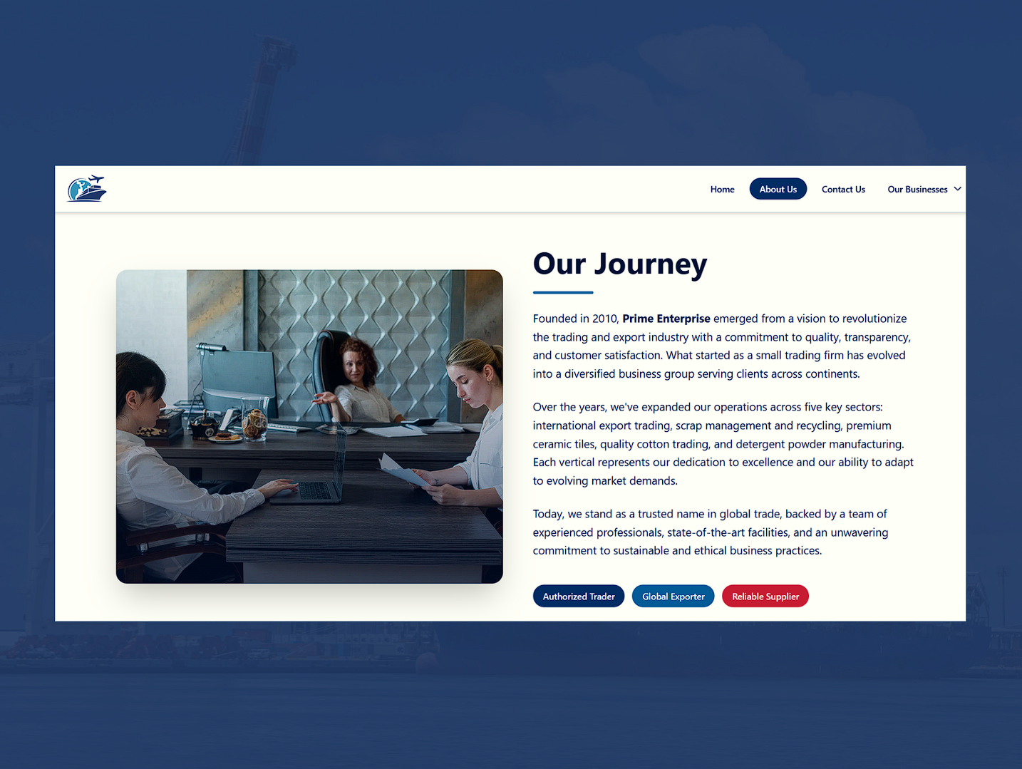 About page presenting Prime Enterprise company overview and business philosophy