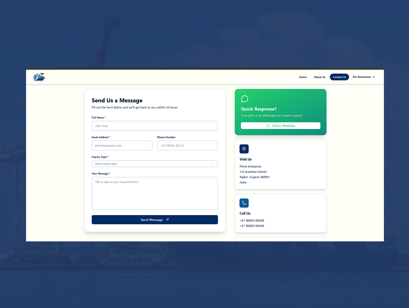 Contact page with inquiry form.